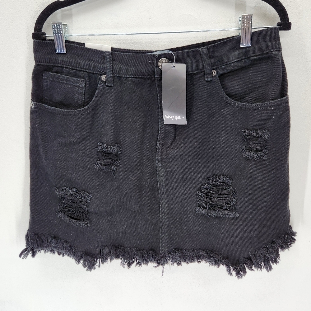 Nasty Gal Black Denim Distressed Mini Skirt Womens 8